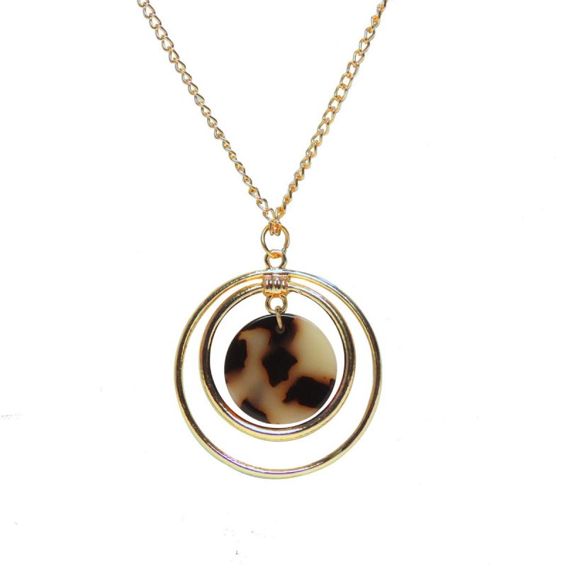 oussum Brown Tortoise Shell Round Pendant Metal Resin Necklace for Women Girl