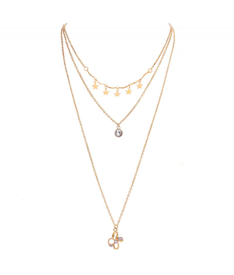 oussum Gold Plated Triple Strand Layered Chain Statement Necklace with Star Pendant for Women