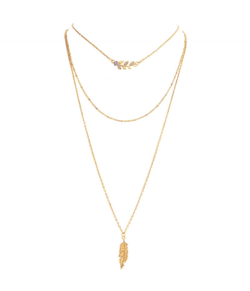 oussum Gold Plated Triple Strand Layered Chain Statement Necklace with Leaf Pendant for Women