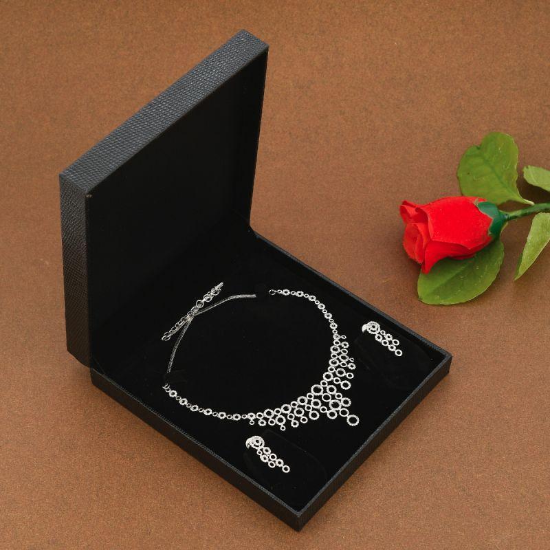 Oussum Ladies Cubic Zirconia Brass Alloy Metal Silver Plated Necklace With Earring