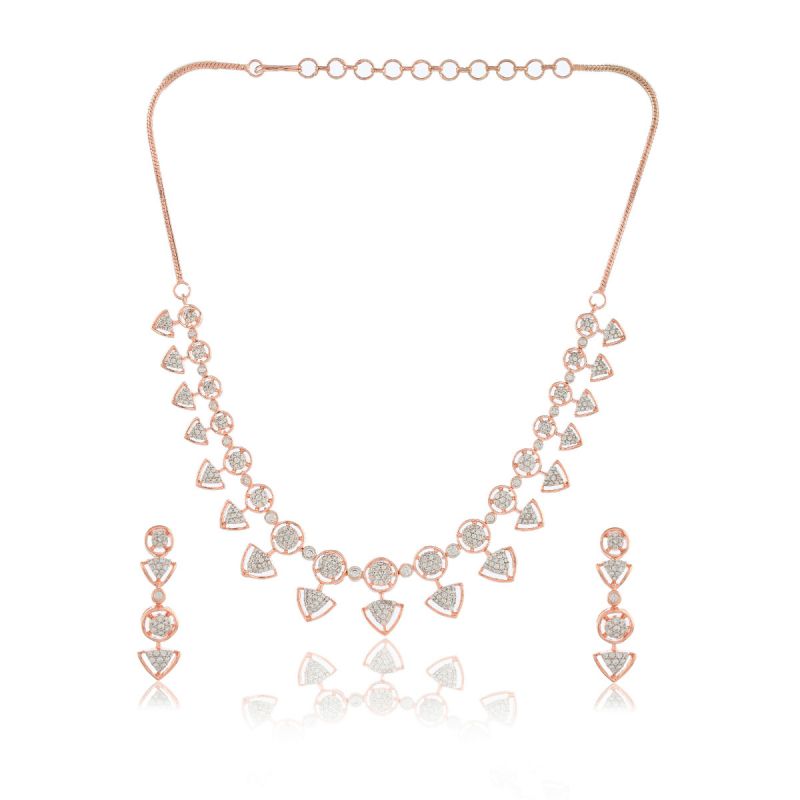 oussum Ladies CZ White Diamond Rose Gold Plated Brass Necklace Set for All Occasion