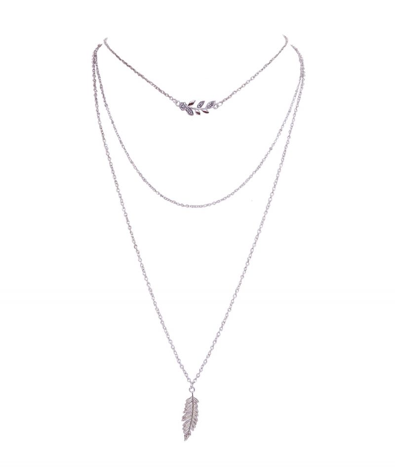 oussum Silver Plated Triple Strand Layered Chain Statement Necklace with Leaf Pendant for Women