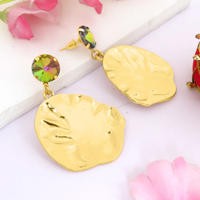 Oussum Tourmaline Decorated Tropical Leaf Hammered Earrings For Womens