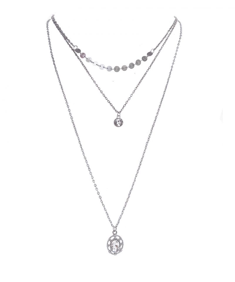 oussum Triple Strand Layered Chain Statement Necklace Disc Circle Pendant for Women