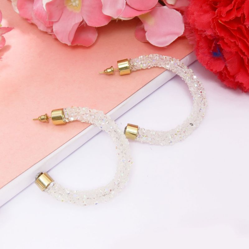 Oussum White Crystal Round Hoop Shine Earrings For Women Fashion Jewelry