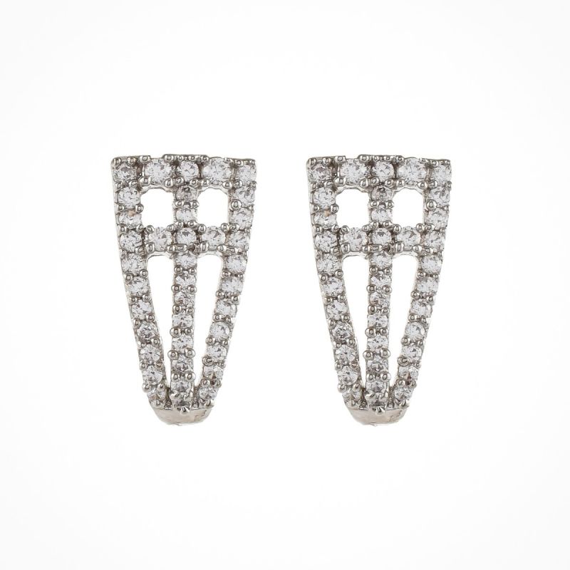 Oussum White CZ Paved Earring Hook Shape Hollow Stud Earrings Jewelry Gift For Women