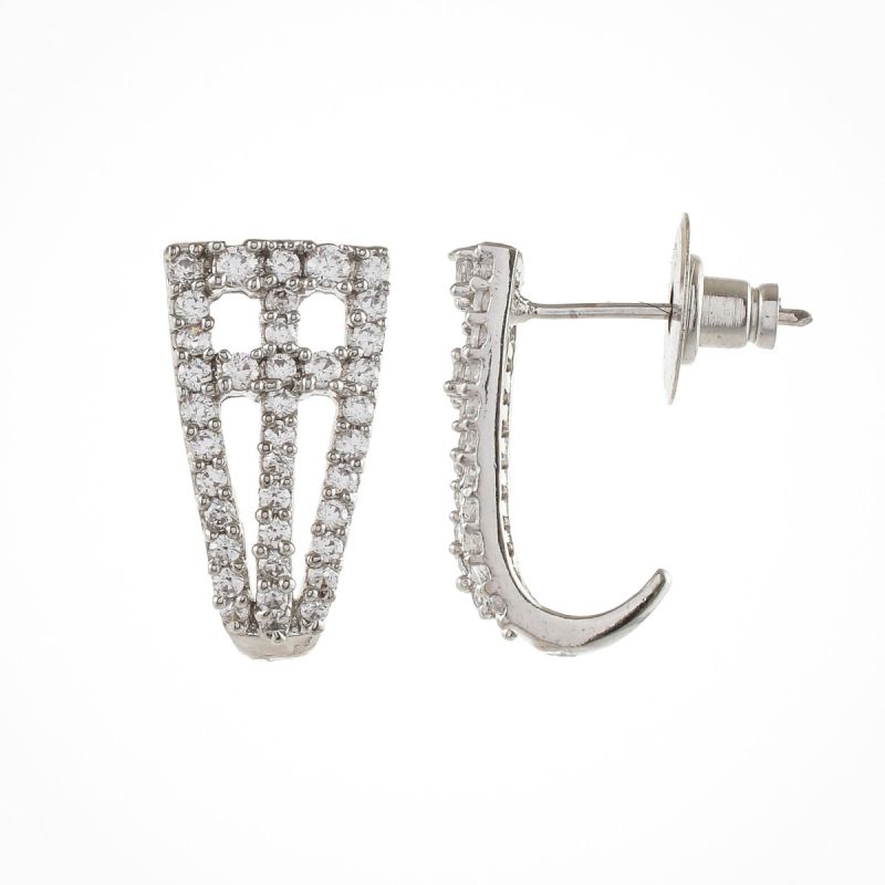 Oussum White CZ Paved Earring Hook Shape Hollow Stud Earrings Jewelry Gift For Women