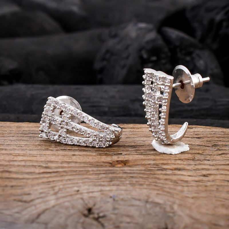 oussum White CZ Paved Earring Hook Shape Hollow Stud Earrings Jewelry Gift for Women