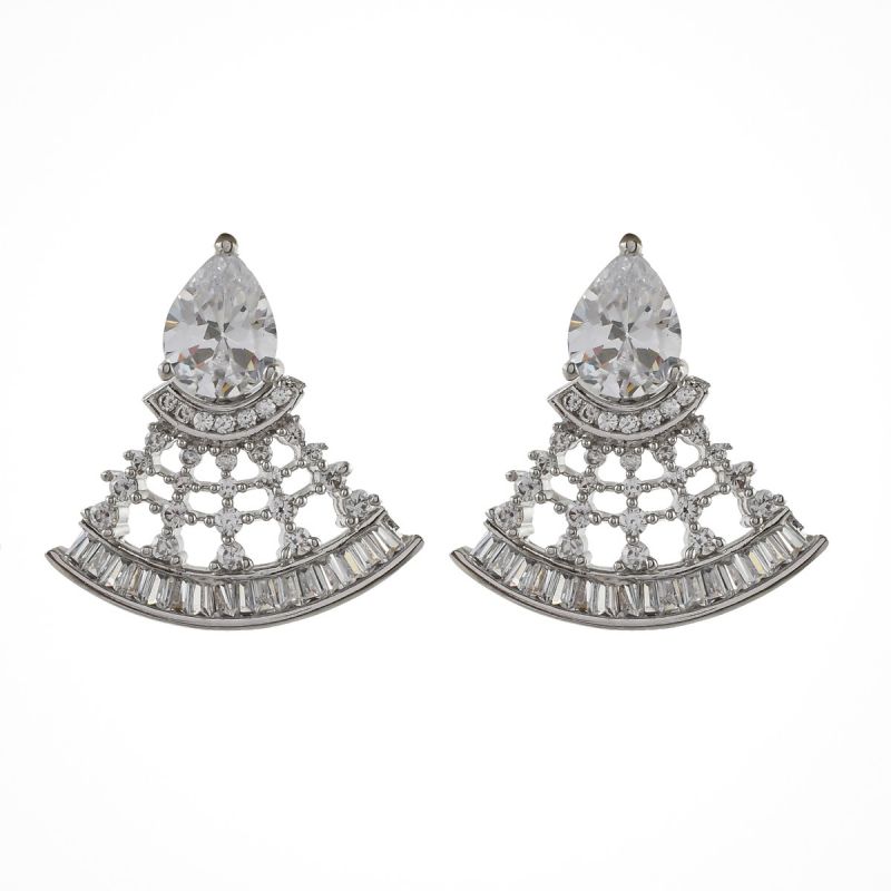 Oussum White CZ Paved Earrings Fan Shaped Earrings Dangle Drop Women Ear Jewelry Gift