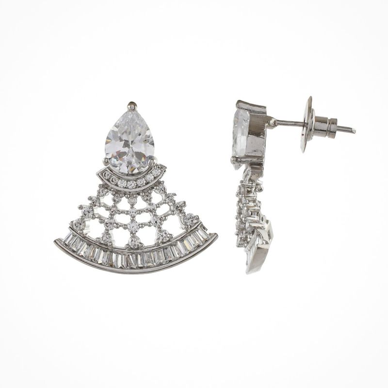 Oussum White CZ Paved Earrings Fan Shaped Earrings Dangle Drop Women Ear Jewelry Gift