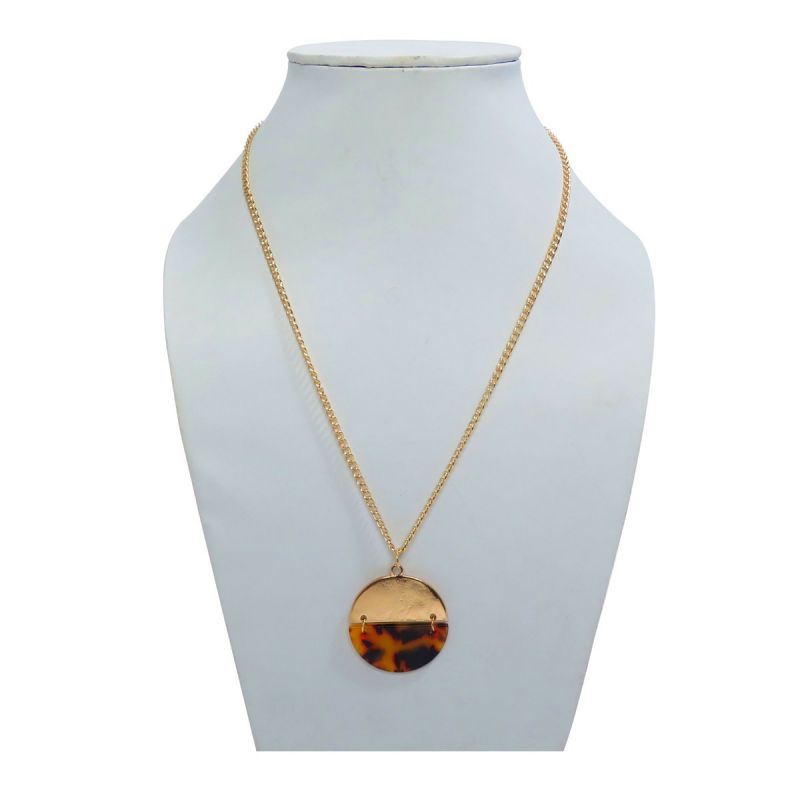 Oussum Women Brown Resin Tortoise Shell Pendent Necklace Golden Tone Neck Jewelry