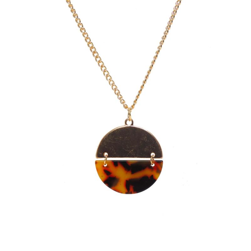 oussum Women Brown Resin Tortoise Shell Pendent Necklace Golden Tone Neck Jewelry