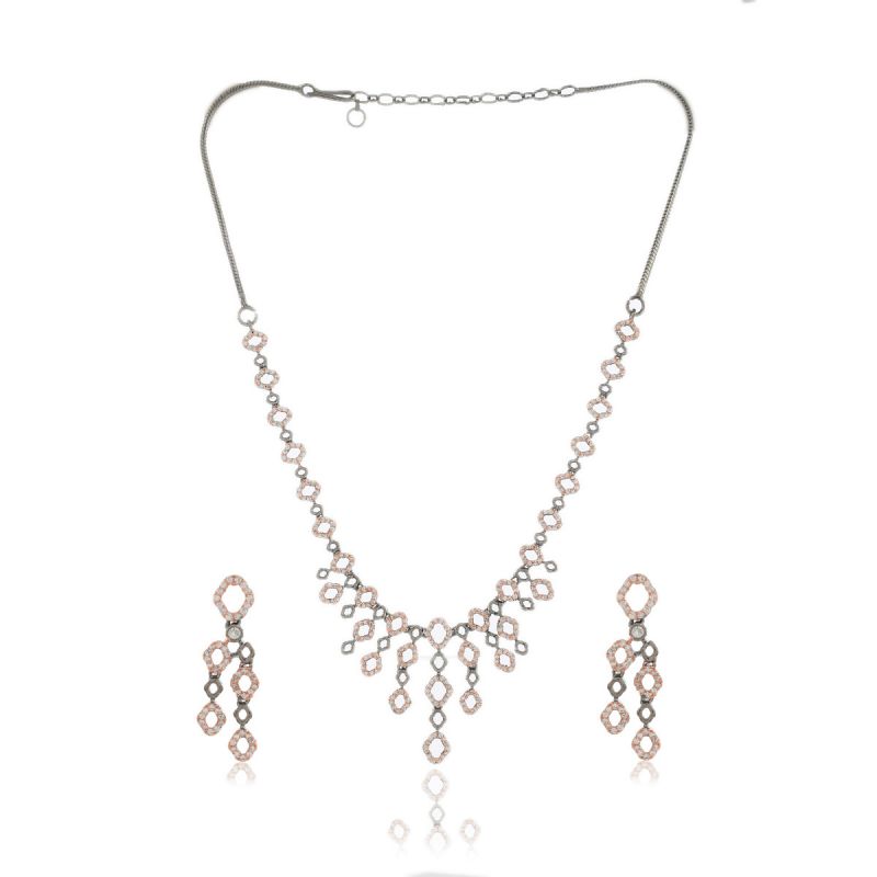 oussum Women CZ Rose Gold Plated Round Shape Necklace with Earrings