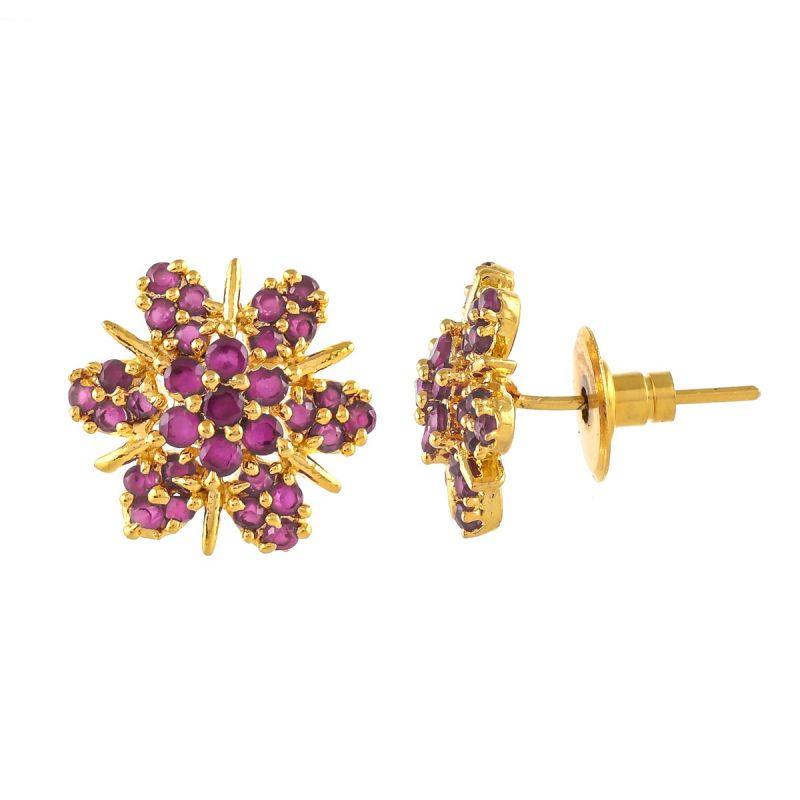 Oussum Women Flower Shape Synthetic Ruby CZ Cubic Zirconia Stud Earrings Jewelry For Gift