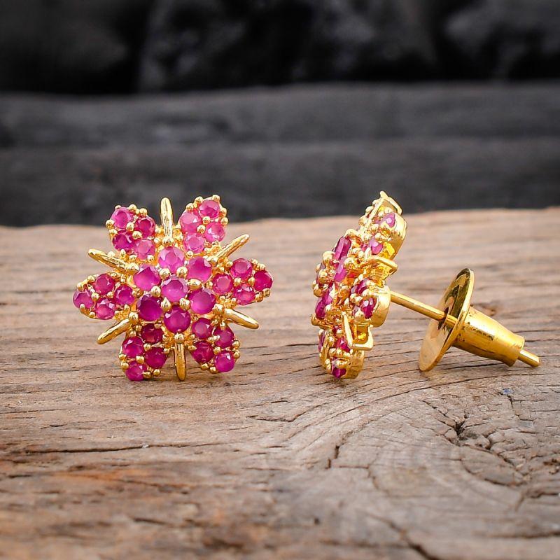 oussum Women Flower Shape Synthetic Ruby CZ Cubic Zirconia Stud Earrings Jewelry For Gift