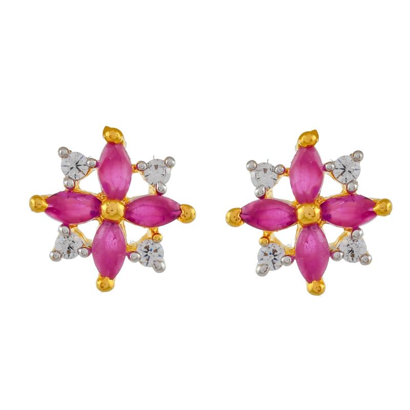Oussum Women Syenthetic Ruby CZ White Cubic Zirconia Flower Shaped Stud Earrings Jewelry