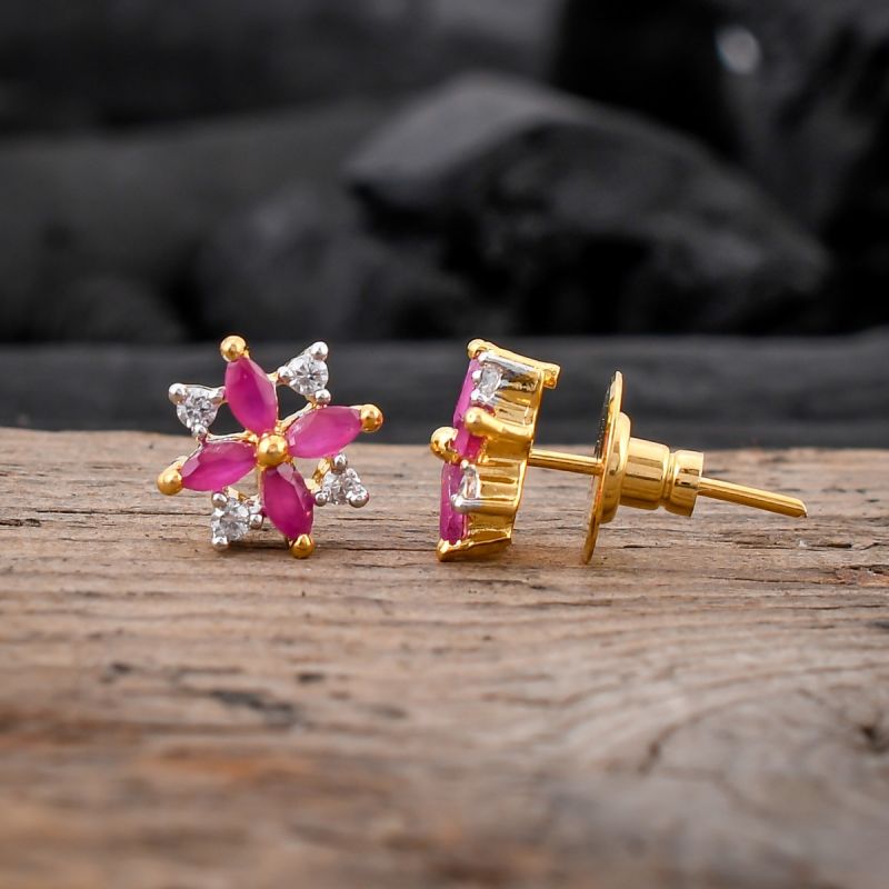 oussum Women Syenthetic Ruby CZ White Cubic Zirconia Flower Shaped Stud Earrings Jewelry