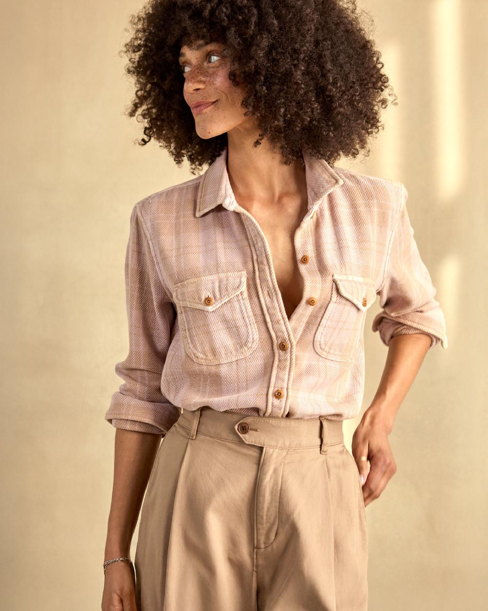 outerknown Women's Blanket Shirt Lilac Haze Latte Boxes