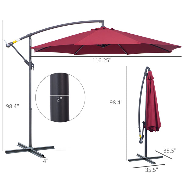Outsunny 10' Cantilever Hanging Umbrella With UV/Water-Resistant Fabric & Cross Base - Red