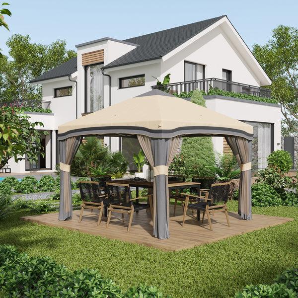 Outsunny 10' X 10' Adjustable Pop Up Canopy Tent With Netting Wheeled Carry Bag Sand Bags Beige