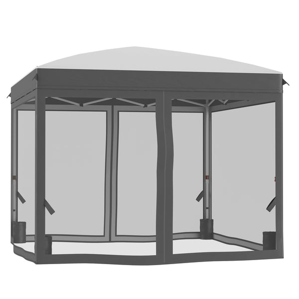 Outsunny 10' X 10' Canopy Tent With Netting Adjustable Height Wheeled Bag & Sand Bags Gray