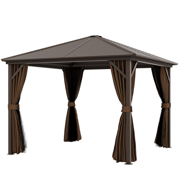 Outsunny 10' X 10' Hardtop Gazebo With Aluminum Frame & Curtains Dark Brown