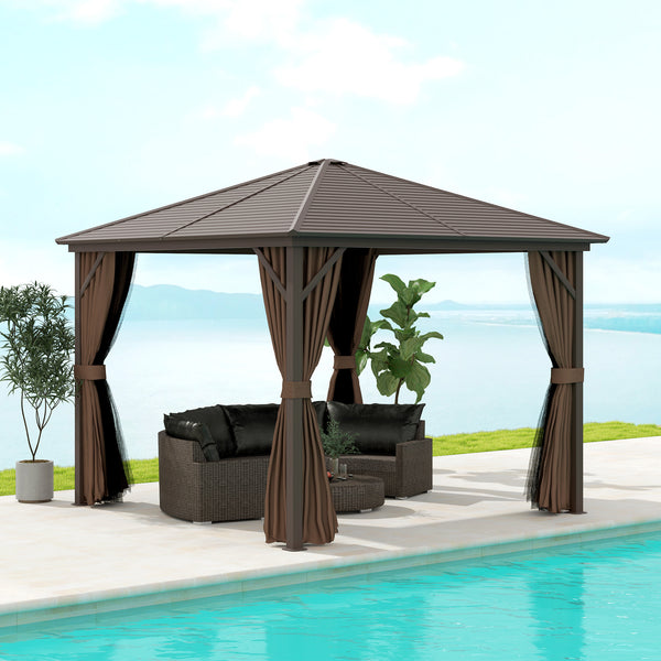 Outsunny 10' X 10' Hardtop Gazebo With Aluminum Frame & Curtains Dark Brown