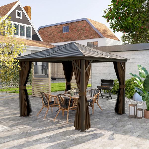 Outsunny 10' X 10' Hardtop Gazebo With Aluminum Frame & Curtains Dark Brown