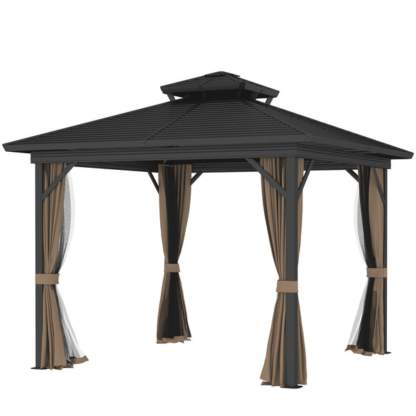 Outsunny 10' X 10' Hardtop Gazebo With Aluminum Frame Doublel Roof & Curtains Dark Brown