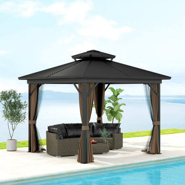 Outsunny 10' X 10' Hardtop Gazebo With Aluminum Frame Doublel Roof & Curtains Dark Brown