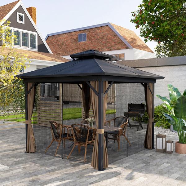Outsunny 10' X 10' Hardtop Gazebo With Aluminum Frame Doublel Roof & Curtains Dark Brown