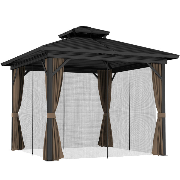 outsunny 10' x 10' Hardtop Gazebo with Aluminum Frame Doublel Roof & Curtains Dark Brown