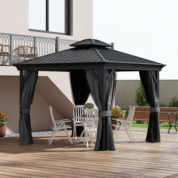 Outsunny 10' X 10' Hardtop Pavilion Gazebo With Curtains Nettings Aluminum Frame Hooks Light Gray