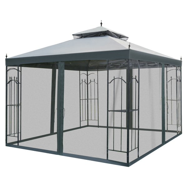 Outsunny 10' X 10' Patio Gazebo With Corner Shelves Double Roof & Netting Gray