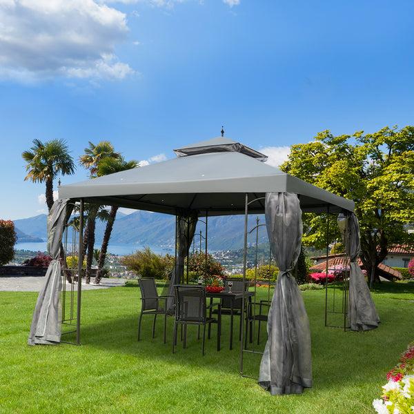 Outsunny 10' X 10' Patio Gazebo With Corner Shelves Double Roof & Netting Gray