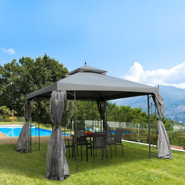 Outsunny 10' X 10' Patio Gazebo With Corner Shelves Double Roof & Netting Gray