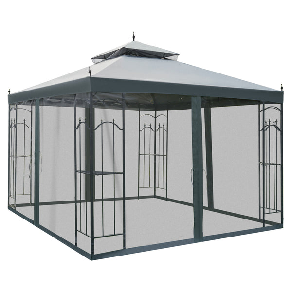 outsunny 10' x 10' Patio Gazebo with Corner Shelves Double Roof & Netting Gray
