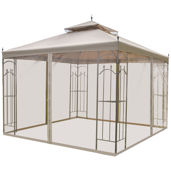 Outsunny 10' X 10' Patio Gazebo With Double Roof Corner Shelves & Netting Brown