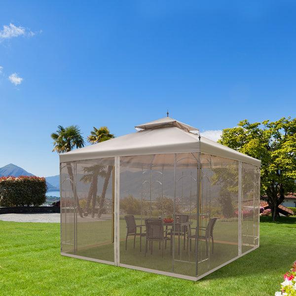 Outsunny 10' X 10' Patio Gazebo With Double Roof Corner Shelves & Netting Brown