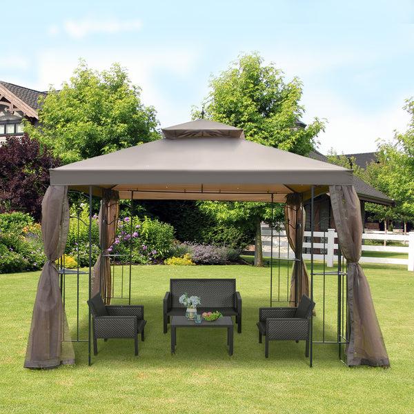 Outsunny 10' X 10' Patio Gazebo With Double Roof Corner Shelves & Netting Brown