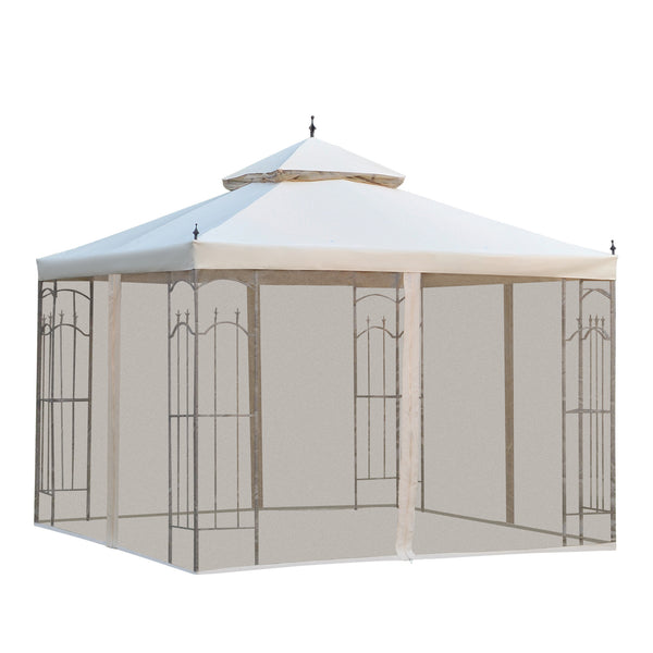 Outsunny 10' X 10' Patio Gazebo With Double Roof Corner Shelves Netting Cream White