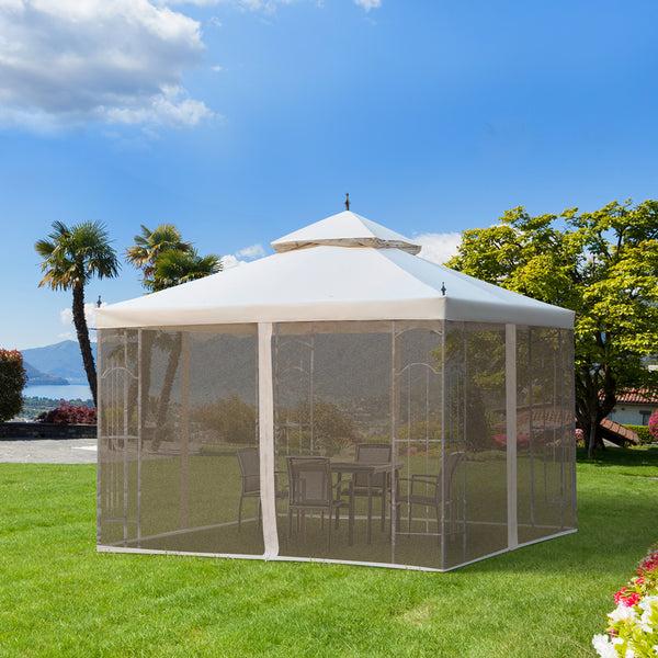 Outsunny 10' X 10' Patio Gazebo With Double Roof Corner Shelves Netting Cream White
