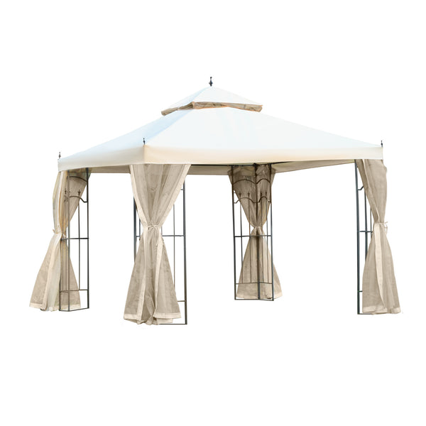 outsunny 10' x 10' Patio Gazebo with Double Roof Corner Shelves Netting Cream White
