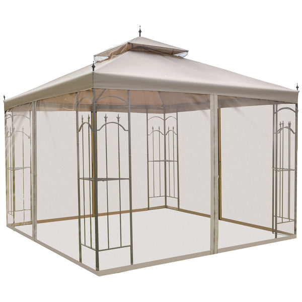 outsunny 10' x 10' Patio Gazebo with Double Roof Corner Shelves & Netting Brown