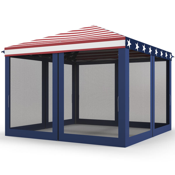 Outsunny 10' X 10' Pop-Up Canopy With Mesh Walls Instant Setup Side Panels & American Flag Design