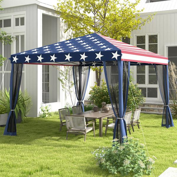 Outsunny 10' X 10' Pop-Up Canopy With Mesh Walls Instant Setup Side Panels & American Flag Design