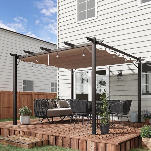 Outsunny 10' X 10' Retractable Aluminum Pergola Canopy With Gray Shade Shelter Brown