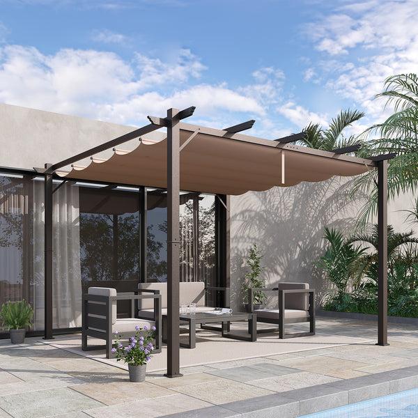 Outsunny 10' X 10' Retractable Aluminum Pergola Canopy With Gray Shade Shelter Brown