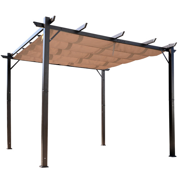 outsunny 10' x 10' Retractable Aluminum Pergola Canopy with Gray Shade Shelter Brown