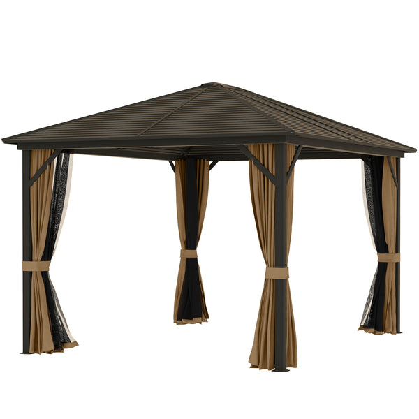 Outsunny 10' X 12' Hardtop Gazebo With Curtains Netting & Aluminum Frame - Coffee